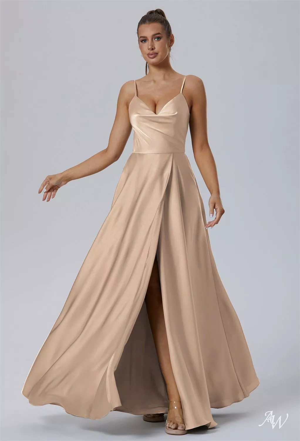 AW Adelina Taupe Satin Charmeuse Bridesmaid Dresses image5